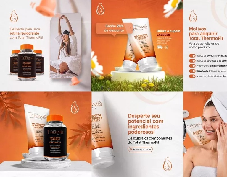 A multi-slide carousel ad showcasing reducer gel and supplement capsules with clear benefit callouts, discount incentives, and a relatable lifestyle hook.